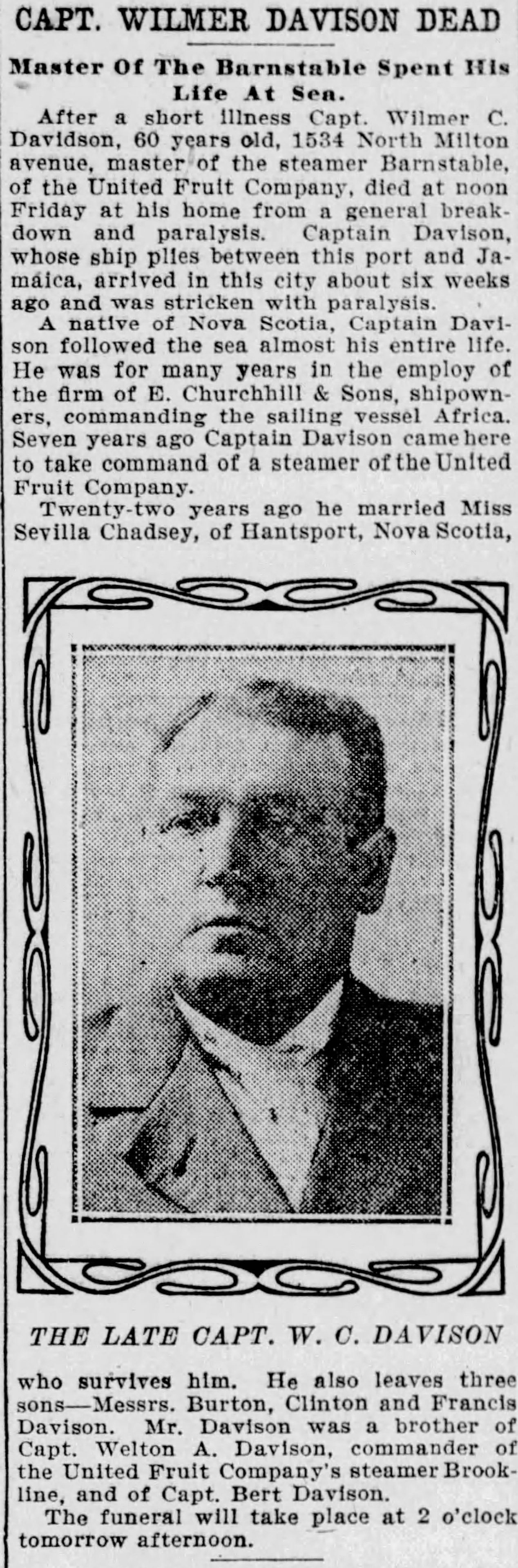 Obituary for Captain Wilmer C. Davison, master of the United Fruit Company steamer Barnstable