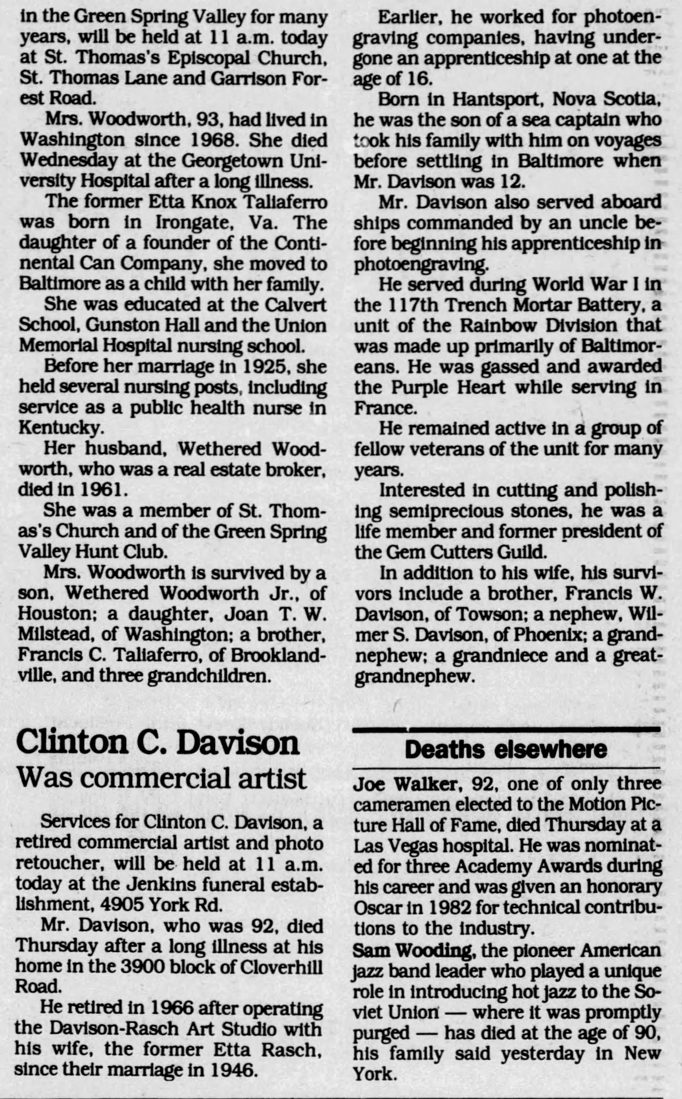 Newspaper obituary for Clinton C. Davison — retired commercial artist, photo retoucher, and co-founder of the Davison-Rasch Art Studio; World War I veteran awarded the Purple Heart