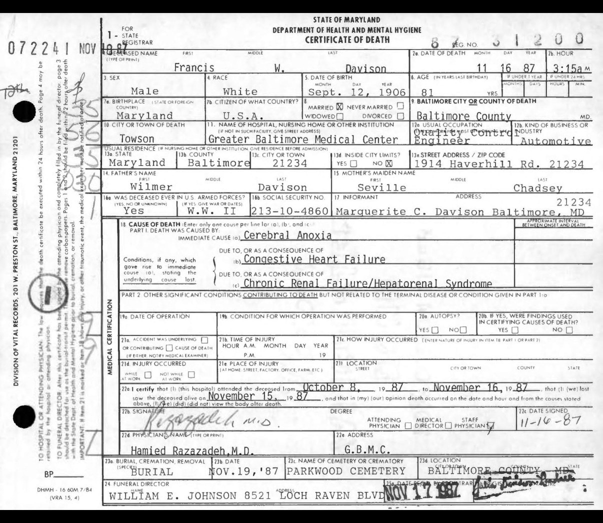 Death certificate for Francis Wilmer Davison, November 16, 1987