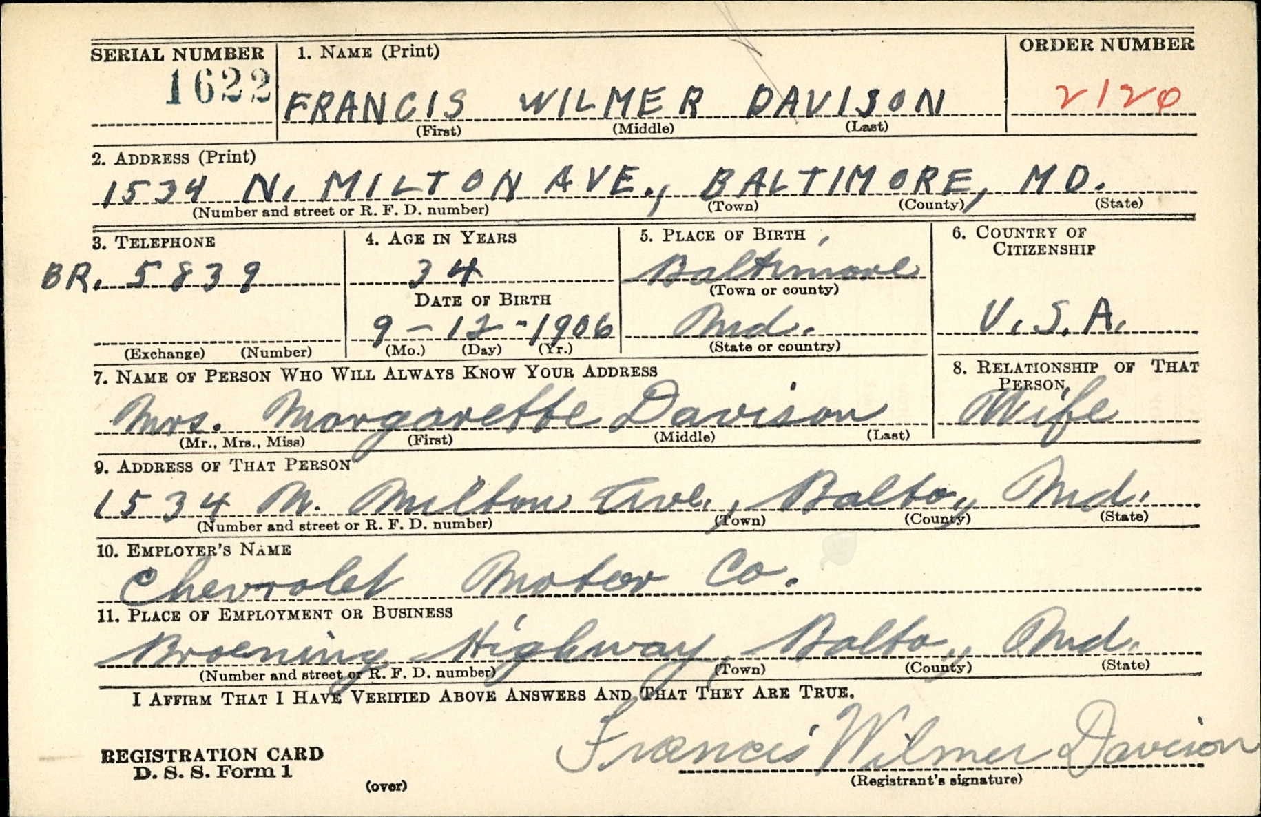 Francis W. Davison WWII draft card — personal identifiers redacted