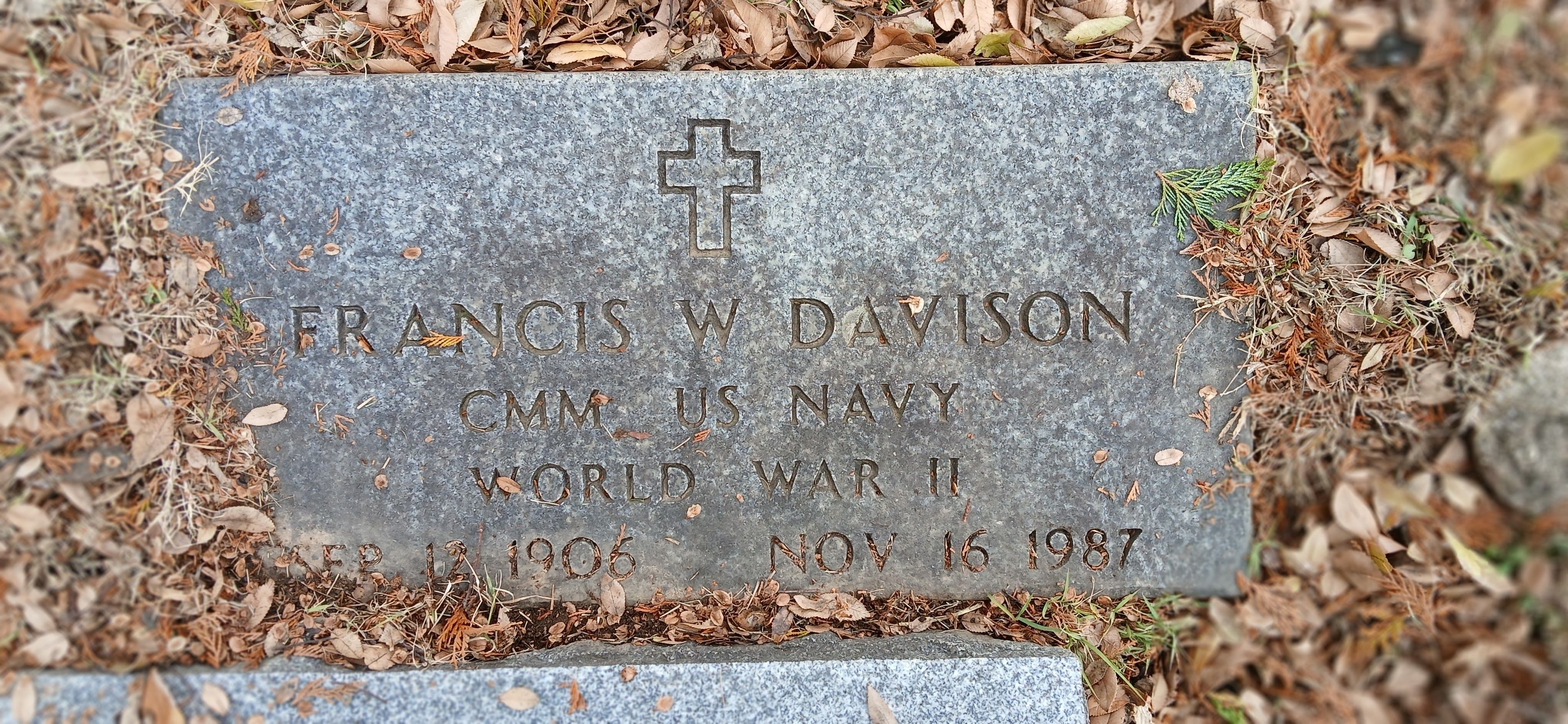 Grave marker for Francis W. Davison — CMM, US Navy, World War II, Sep 17 1906 – Nov 16 1987, Parkwood Cemetery, Baltimore