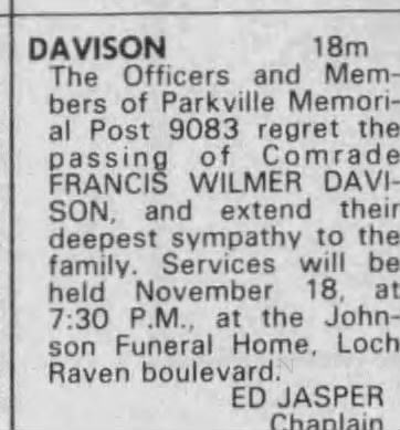 Obituary for Francis Wilmer Davison — November 1987