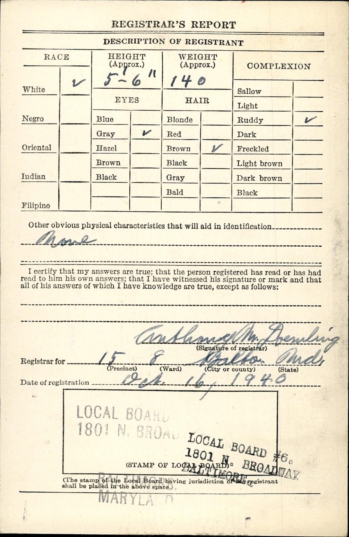 Francis W. Davison Selective Service registration card — personal identifiers redacted