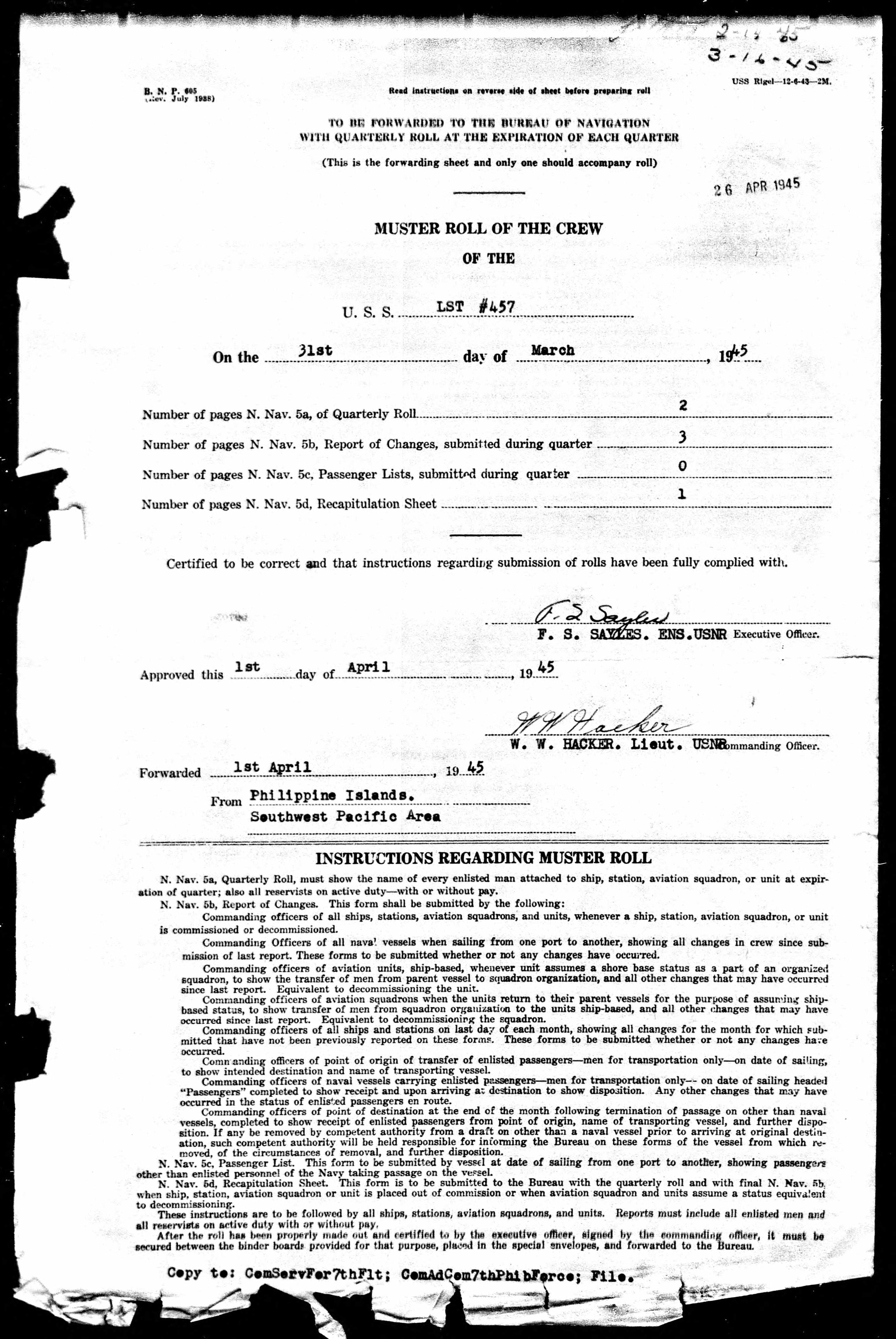 USS LST-457 muster roll cover sheet, March 1945
