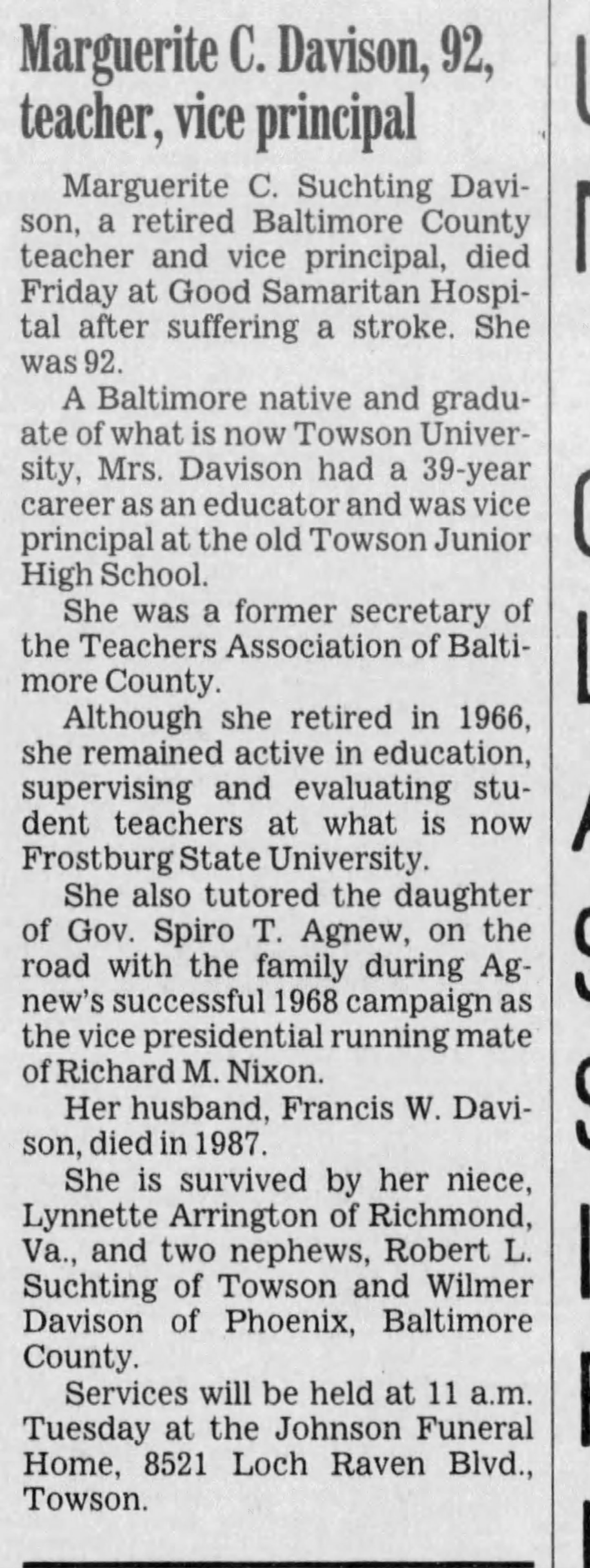 Obituary for Marguerite Christina Suchting Davison — Baltimore Sun, May 24, 1998