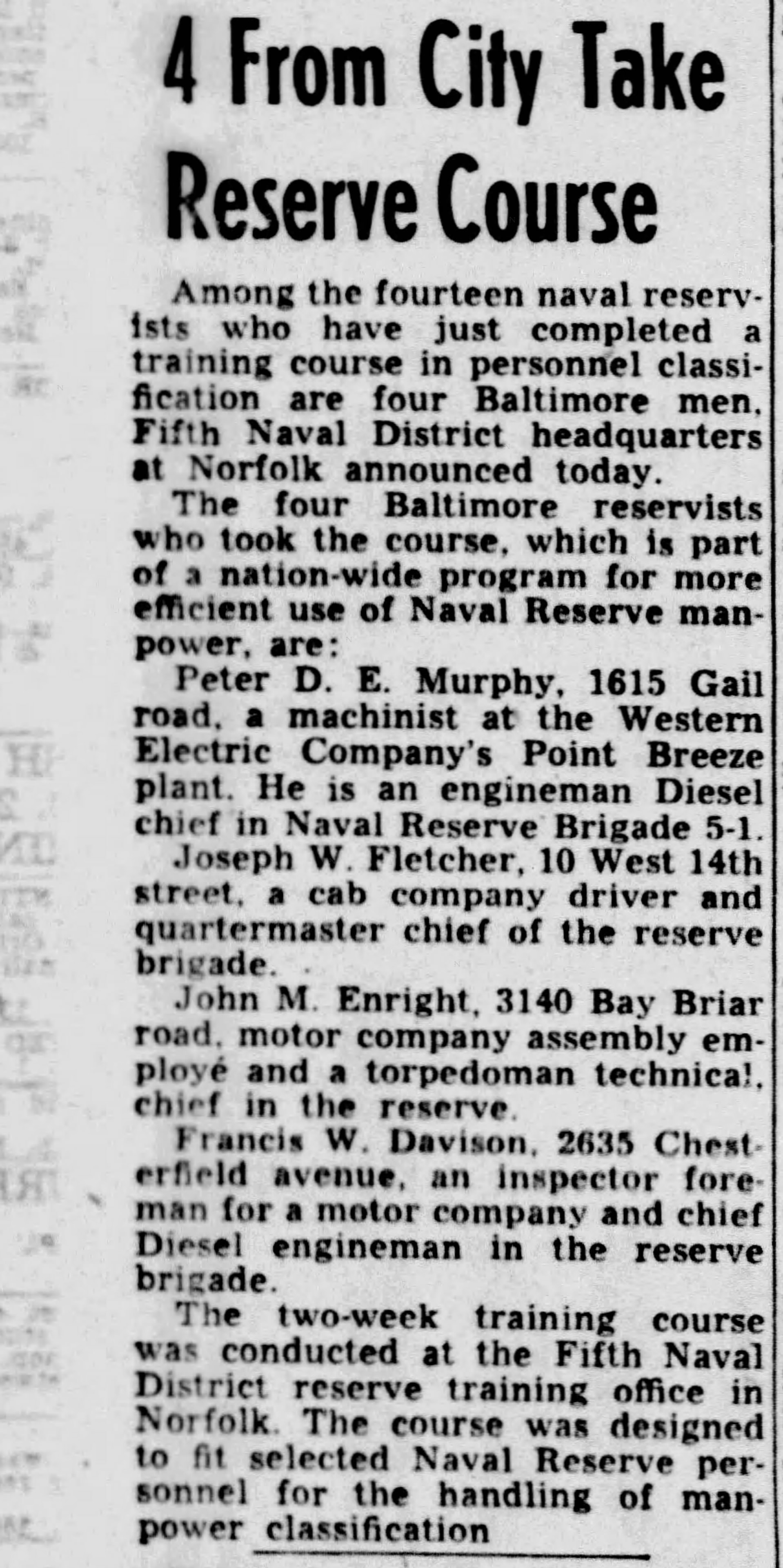Baltimore Evening Sun — '4 From City Take Reserve Course', featuring Francis W. Davison