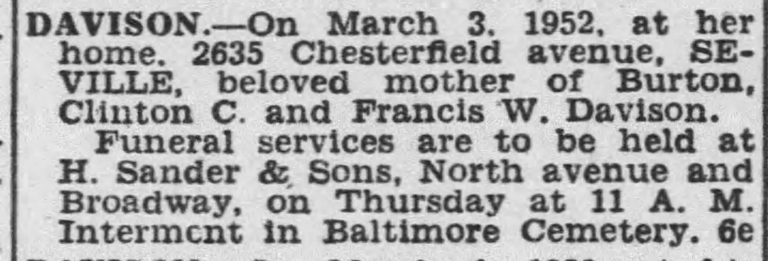 Obituary for Seville Davison — mother of Burton, Clinton C., and Francis W. Davison, March 3, 1952