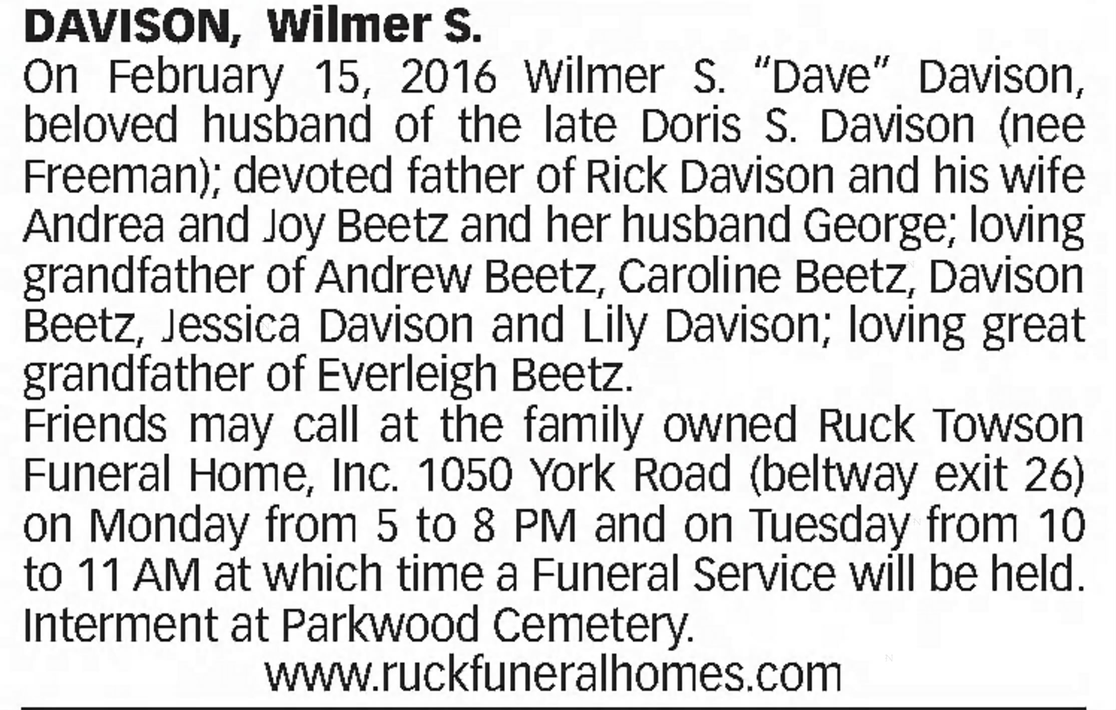 Obituary for Wilmer S. Davison — extended Davison family