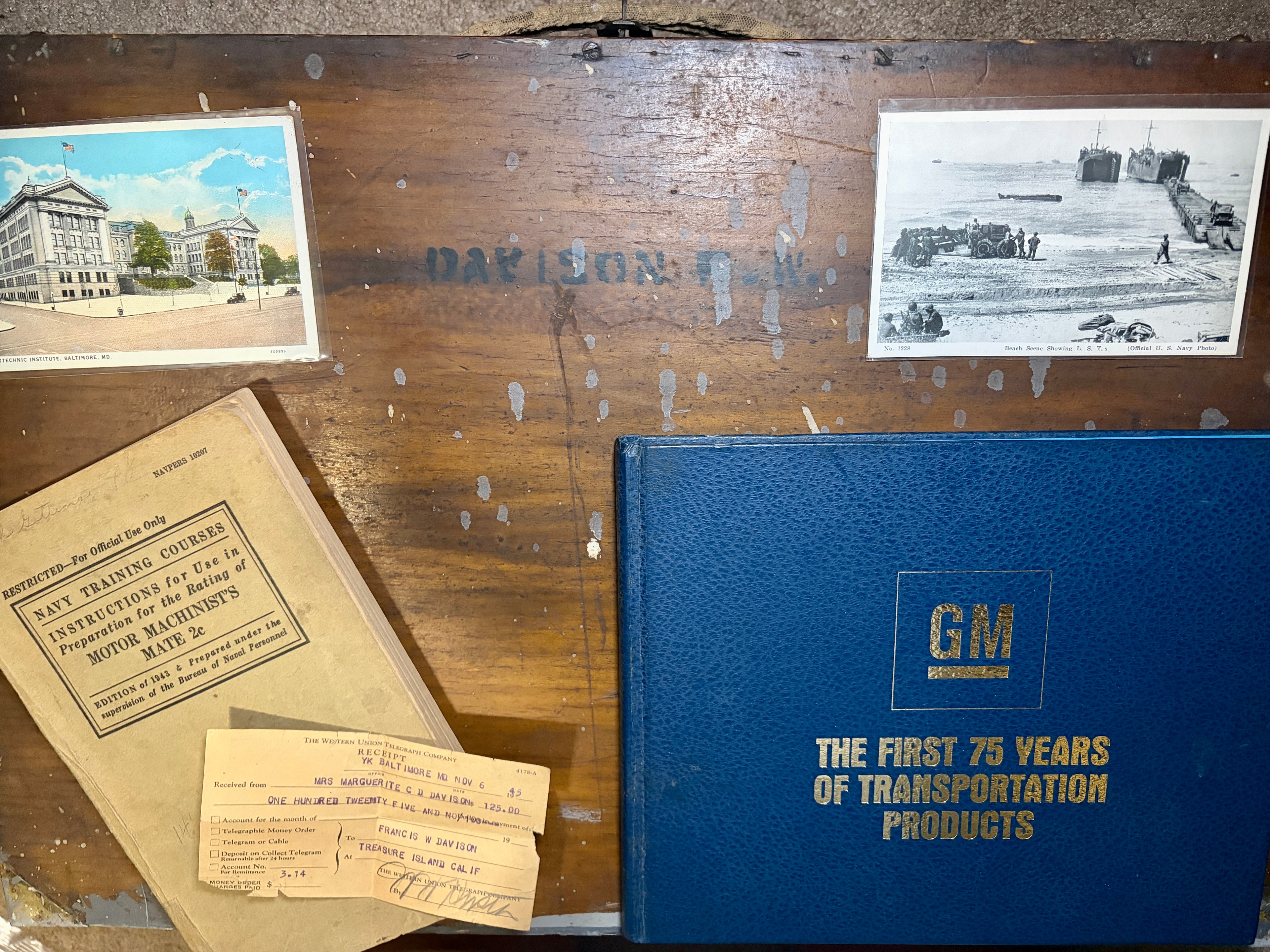 A weathered Navy footlocker belonging to Francis W. Davison, WWII era