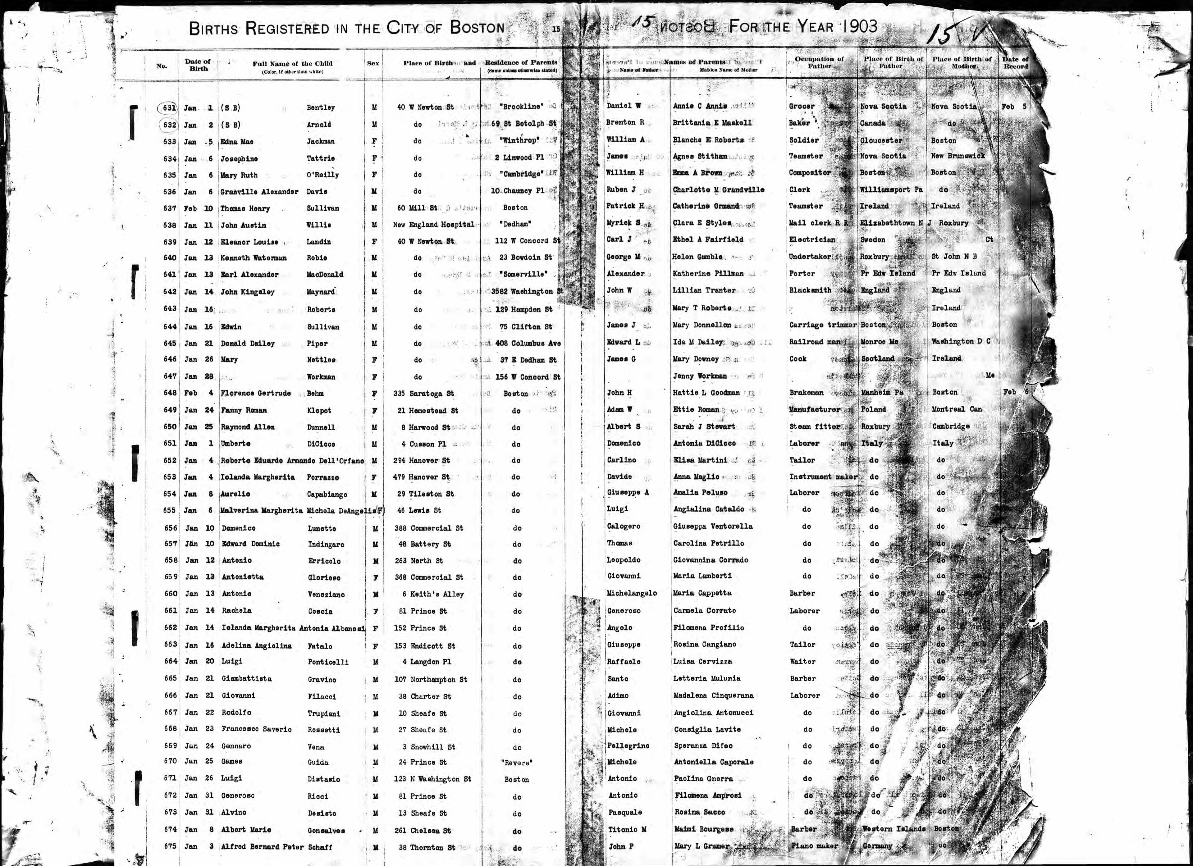 Birth record entry #657 for Edward Dominic Indigaro, born January 10, 1903, at 48 Battery Street, Boston — father Thomas Indigaro, mother Carolina Petrillo