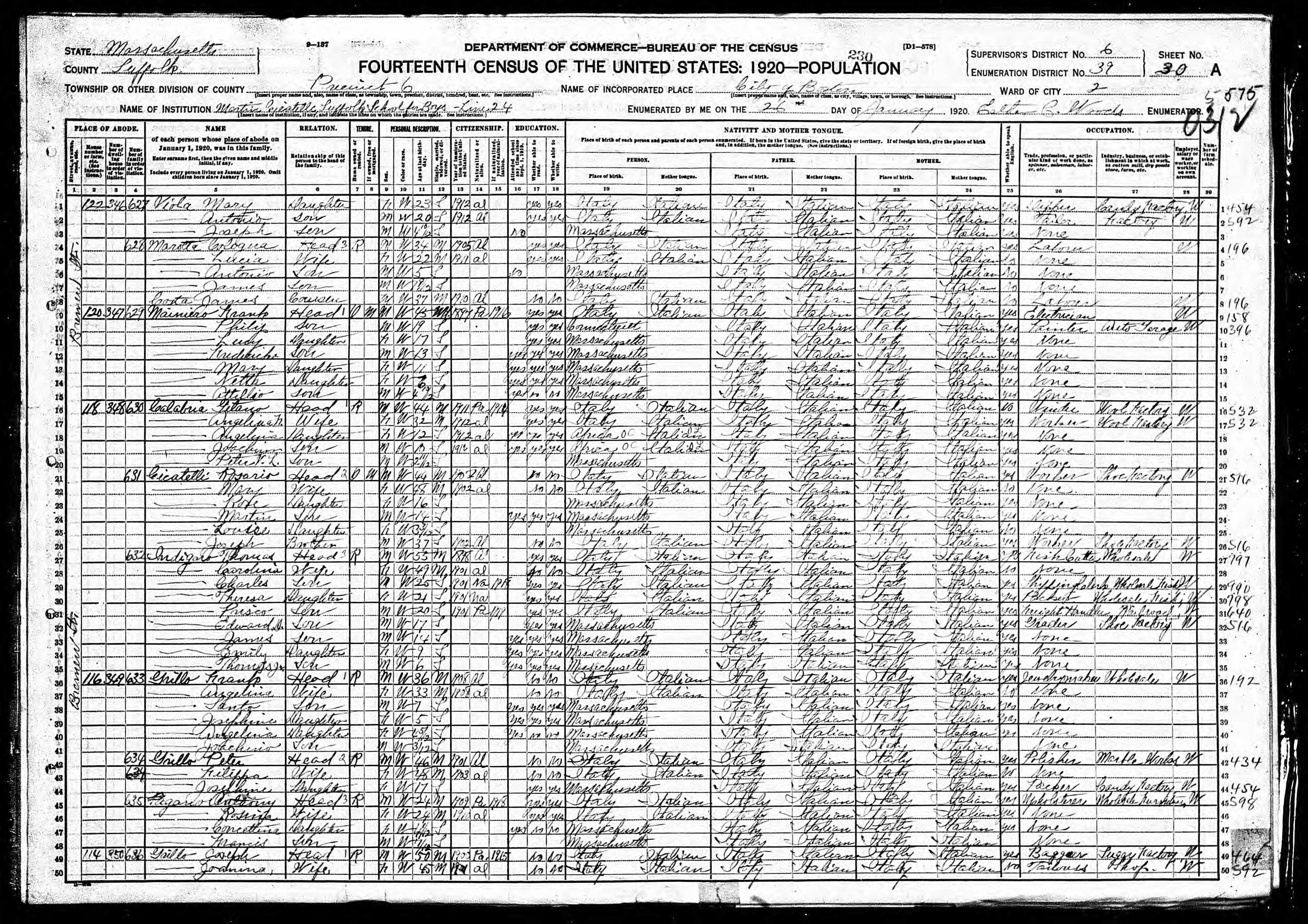 1910 U.S. Census, Suffolk County, Massachusetts — Indigaro household at 95 Everett Street, East Boston: Tomasso (head, fish cutter), Carolina (wife), Charles, Theresa, Prisco, Edward (age 7), James, and Emily