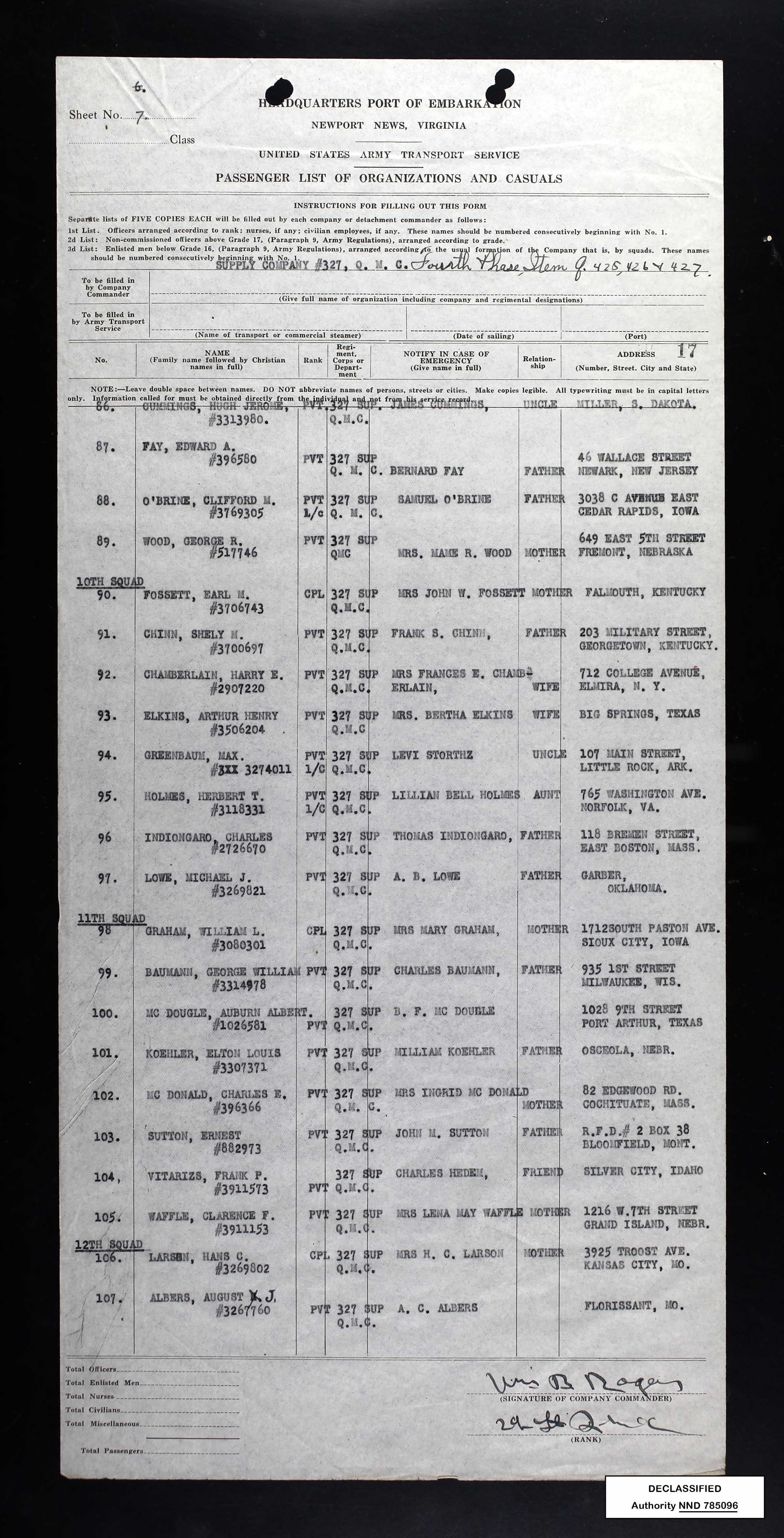 U.S. Army Transport Service passenger list, Newport News, Virginia — entry 96: Pvt. Charles Indiongaro, Supply Company 327, Q.M.C.; emergency contact Thomas Indiongaro, father, 118 Bremen Street, East Boston, Mass.