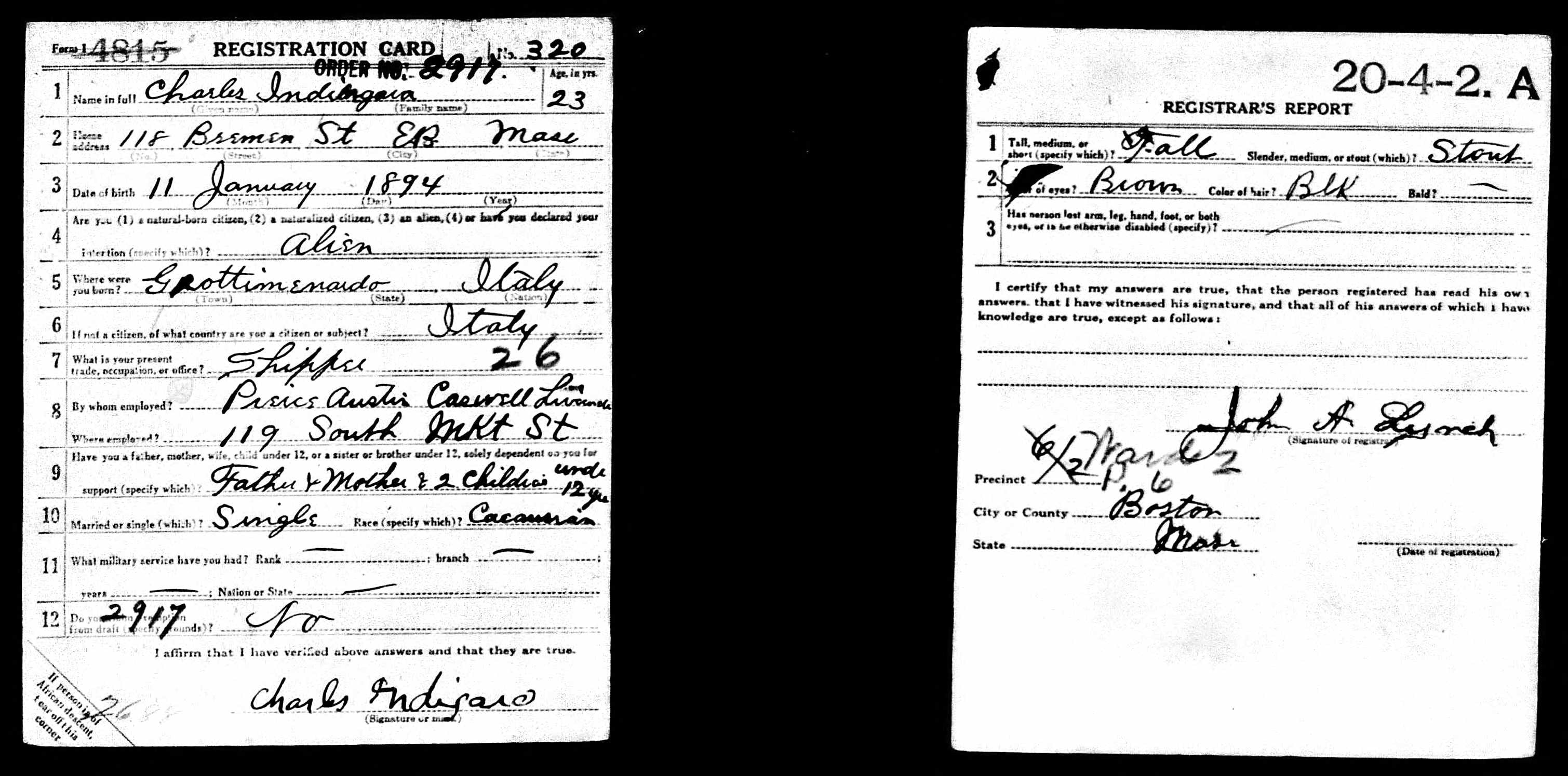 WWI draft registration card for Charles Indigaro, born 11 January 1894, 118 Bremen Street, East Boston, MA — born Grottiminardo, Italy; occupation shipper; emergency contact father Thomas Indigaro