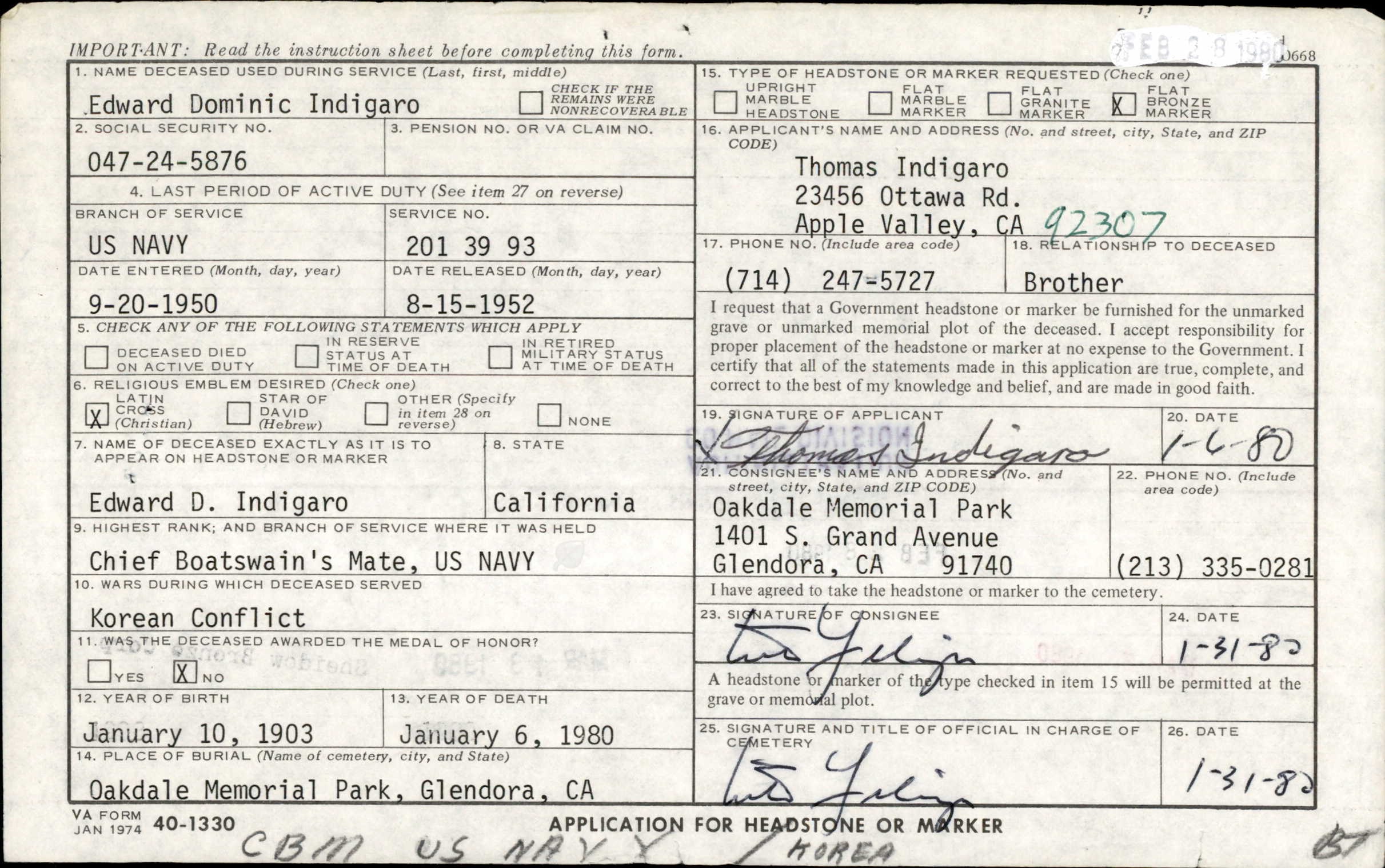 VA Form 40-1330 Application for Headstone or Marker for Edward Dominic Indigaro — filed by his brother Thomas Indigaro of Apple Valley, CA on January 6, 1980, the day of Edward's death; requesting a flat bronze marker with Latin cross; burial at Oakdale Memorial Park, Glendora, CA