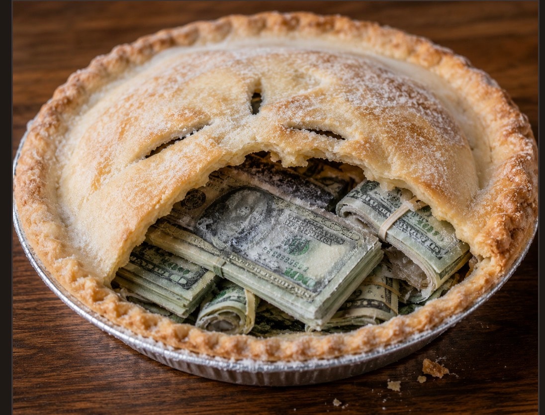 A pie with rolls of cash hidden beneath the crust — illustrating Edward Indigaro's habit of hiding his savings inside frozen pies