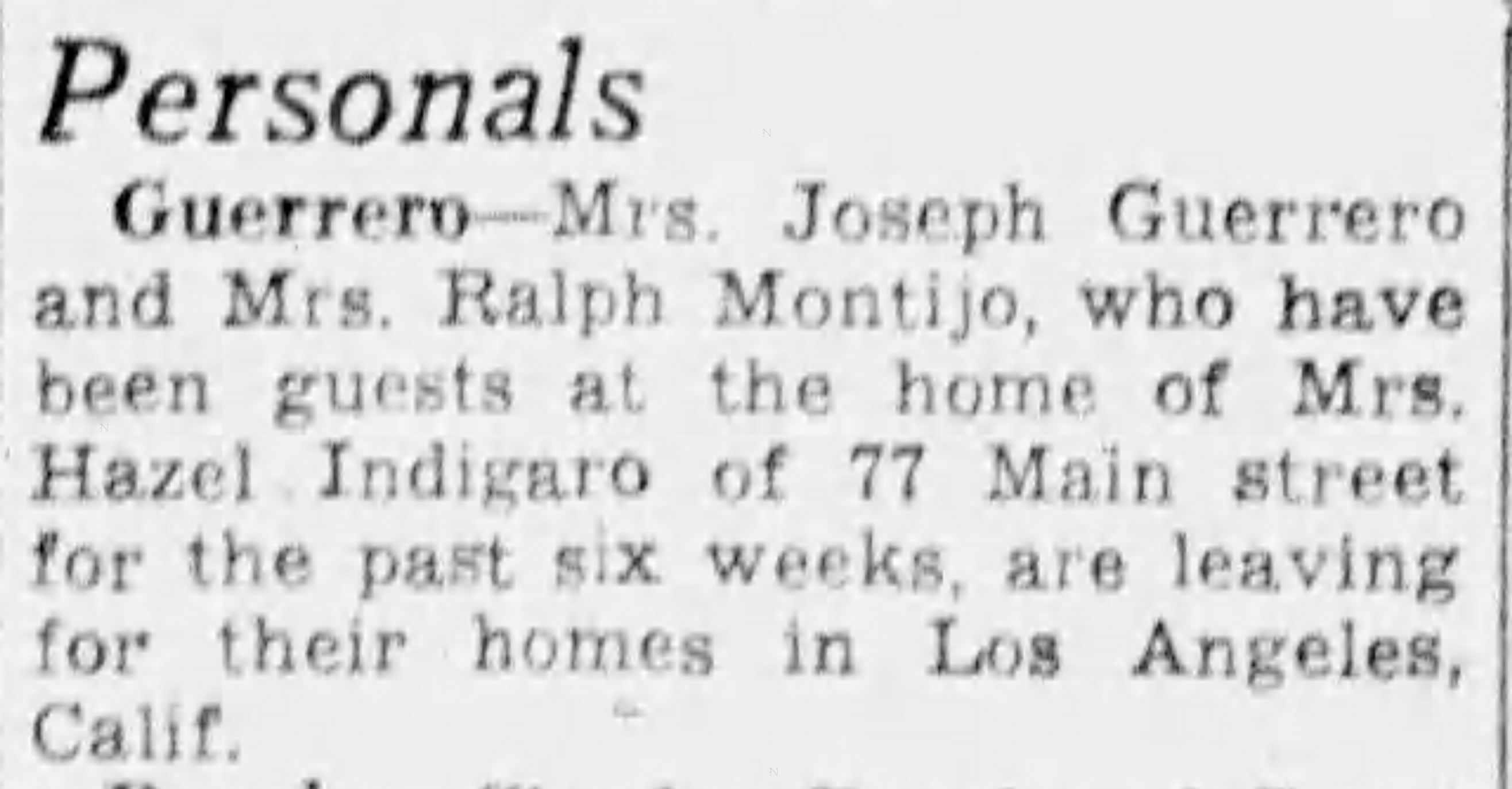 Newspaper personal column: further guests of Mrs. Hazel V. Indigaro at 77 Main Street, New London