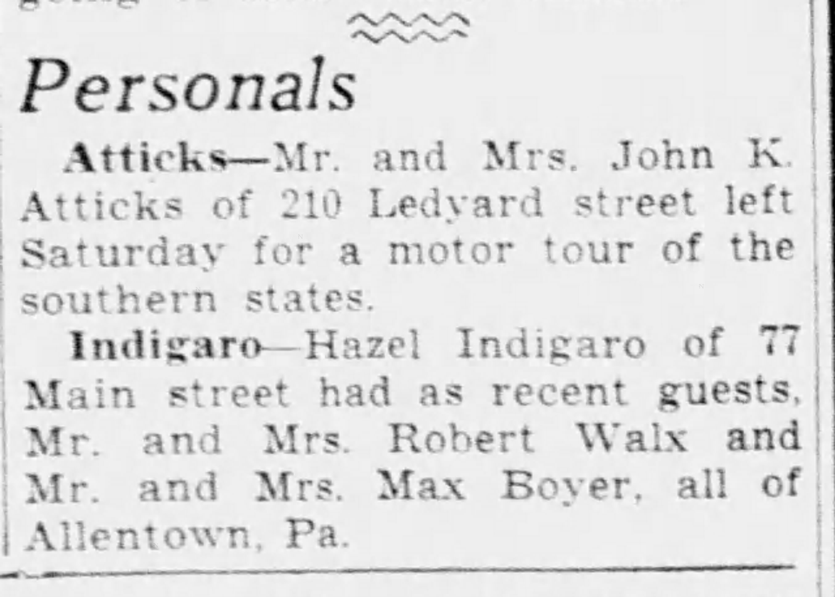 Newspaper personal column: additional guests visiting Mrs. Hazel V. Indigaro at 77 Main Street, New London