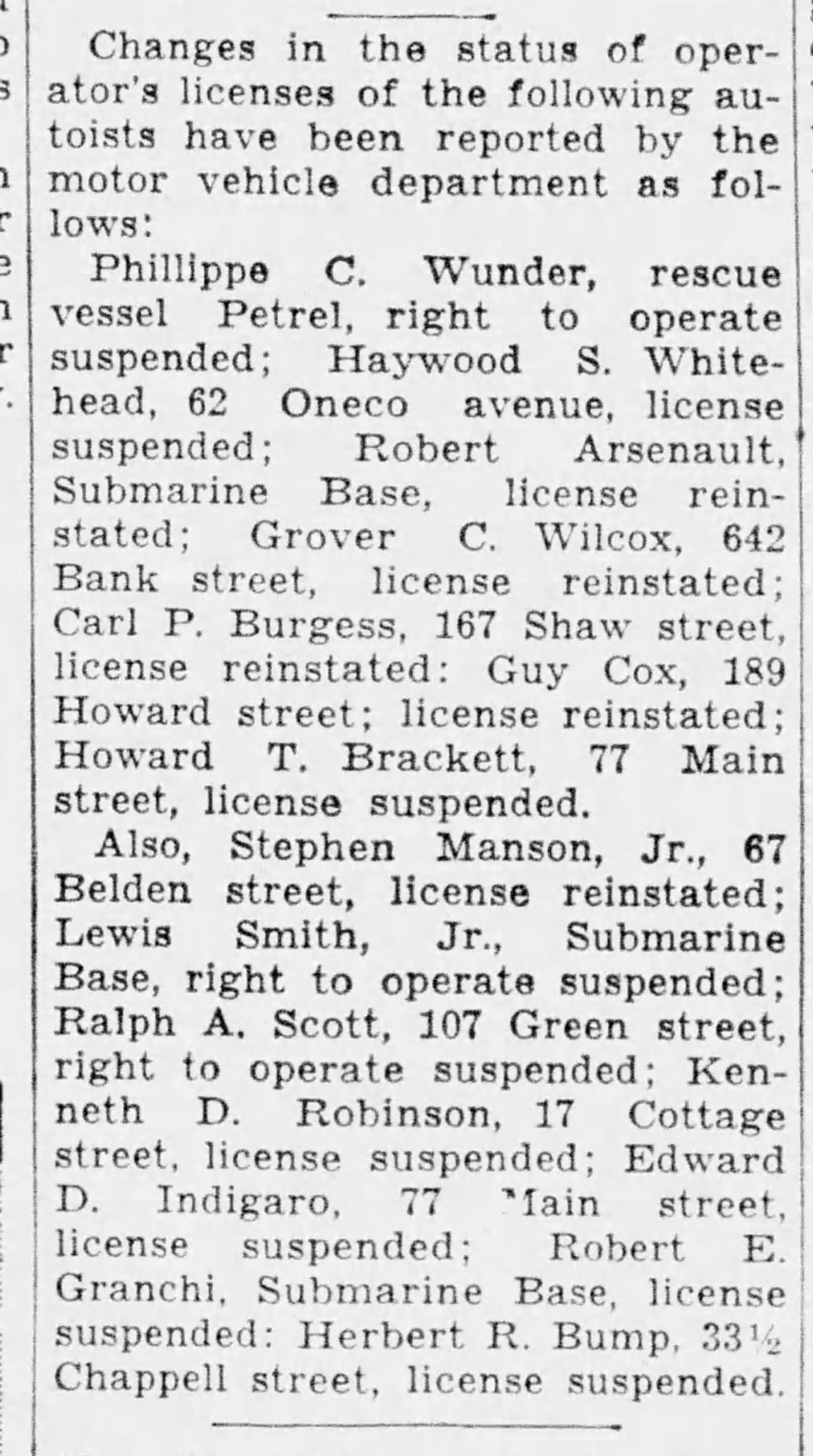Newspaper clipping: motor vehicle department license changes — Edward D. Indigaro, 77 Main Street, license suspended