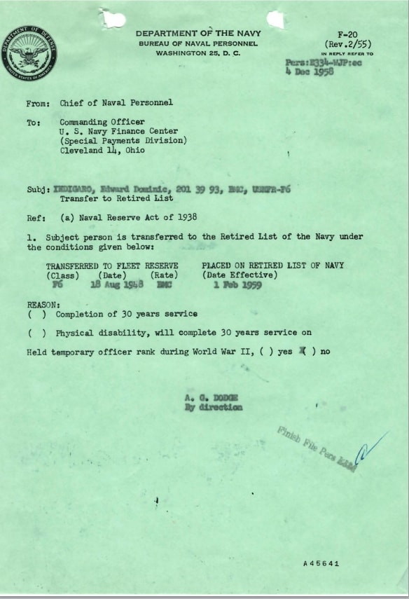Bureau of Naval Personnel letter dated 4 December 1958 — Transfer to Retired List for Edward Dominic Indigaro, BMC, USNFR-F6; transferred to Fleet Reserve 18 August 1948; placed on Retired List of Navy effective 1 February 1959; signed A.G. Dodge by direction