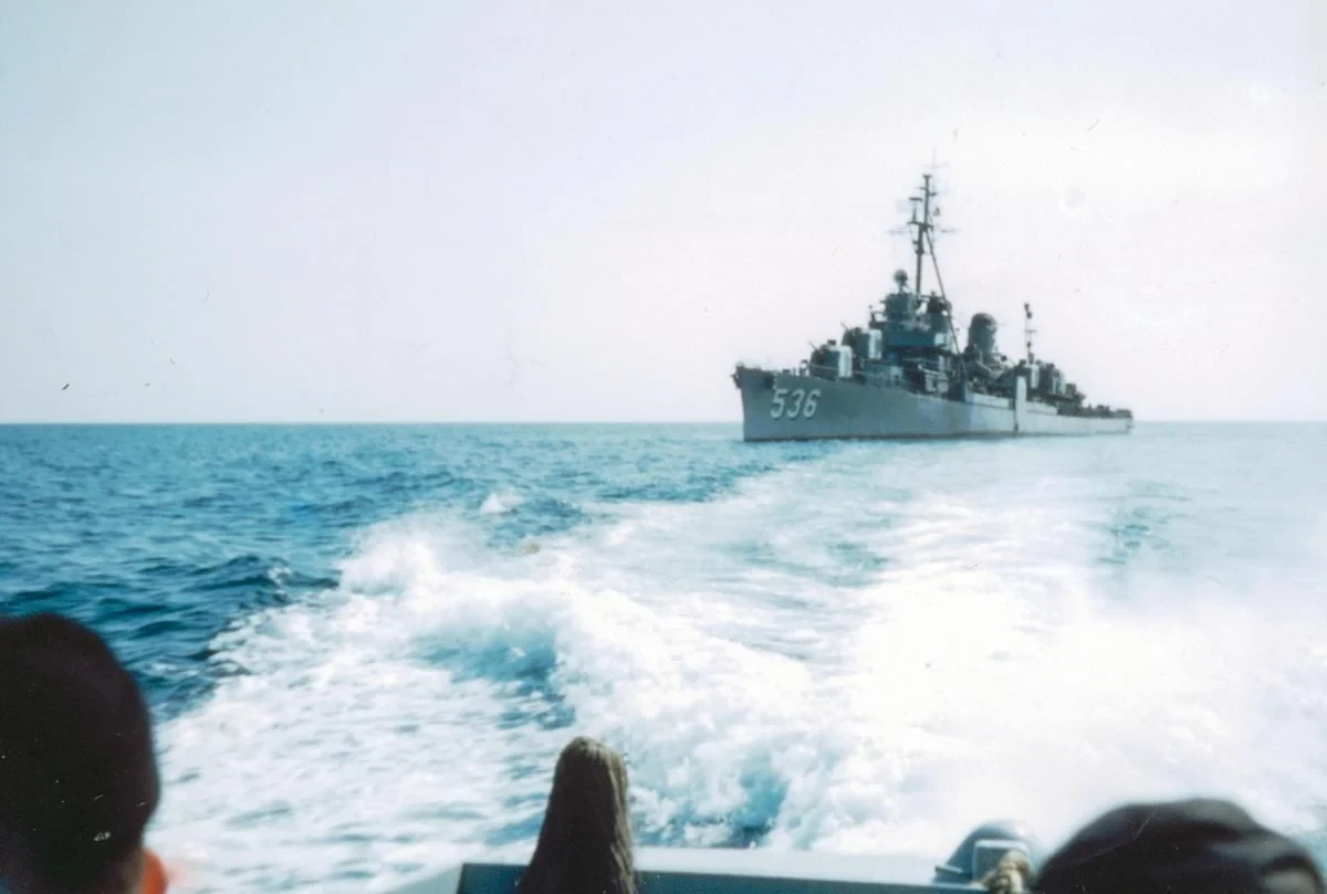 USS Owen (DD-536) underway at sea — the destroyer Edward helped commission from NTS Newport in 1944