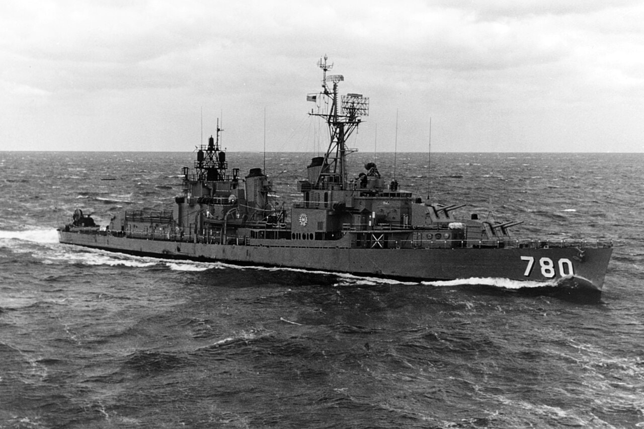 USS Stormes (DD-780) underway at sea off Hampton Roads, Virginia — a Gearing-class destroyer of the type Edward served aboard during his Korean War recall