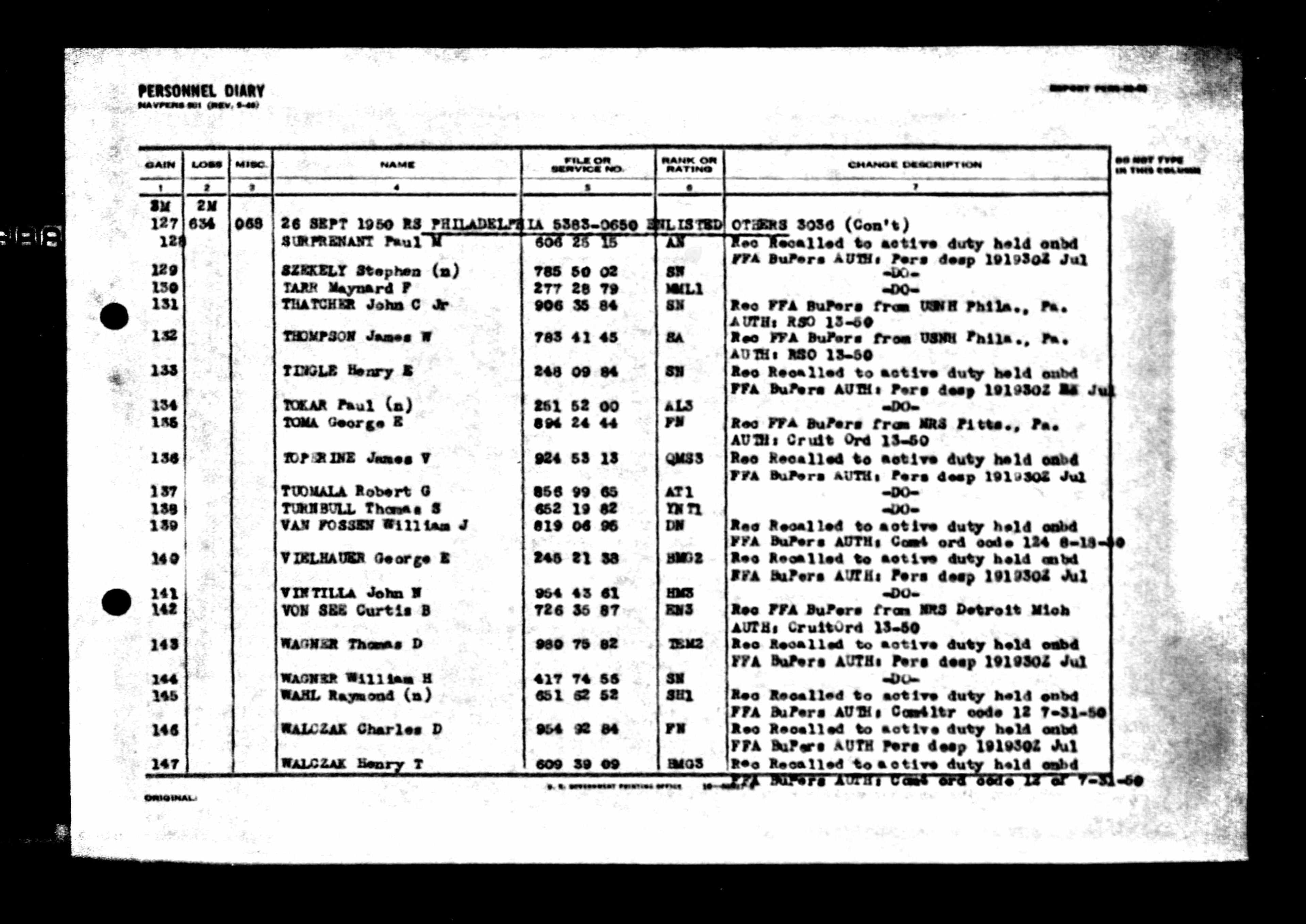 Personnel Diary, RS Philadelphia, September 26, 1950. VIELHAUER George E, BM2, entry 140 — Recalled to active duty held onboard. FFA BuPers AUTH: Pers desp 191930Z Jul.