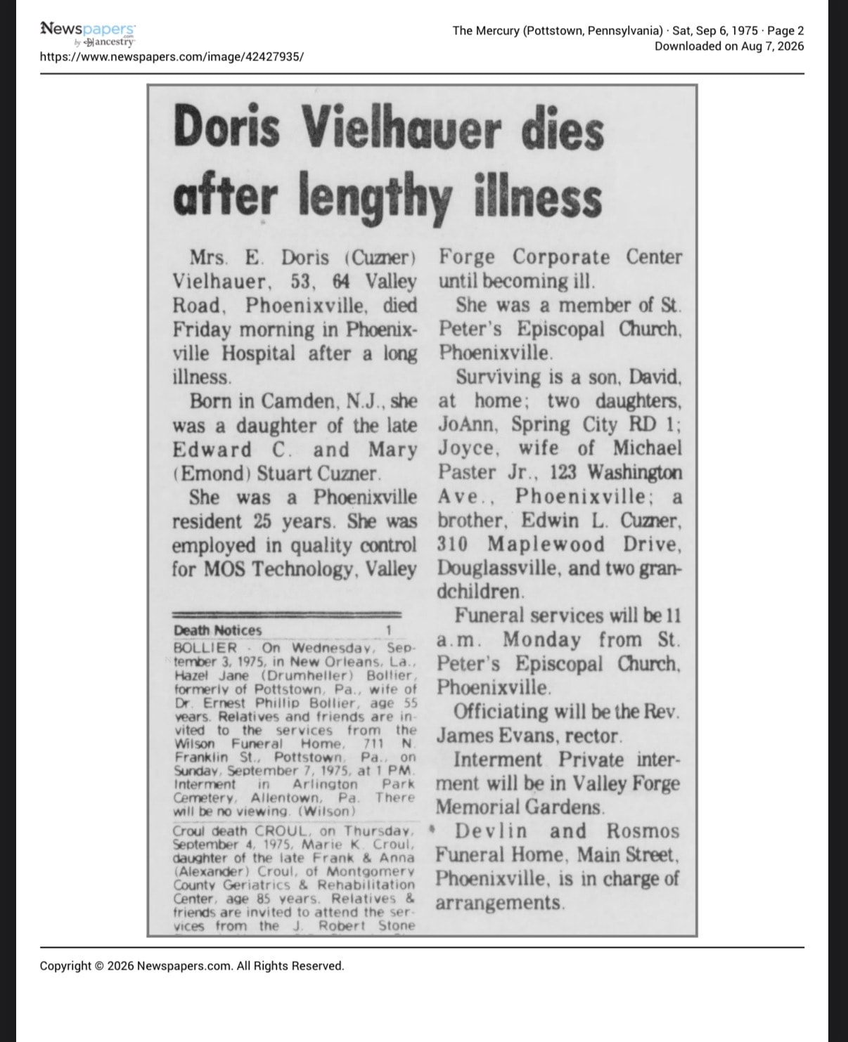 Obituary: Doris Vielhauer dies after lengthy illness. The Mercury, Pottstown Pennsylvania, September 6, 1975. Surviving children listed: David, JoAnn (Spring City), and Joyce (wife of Michael Paster Jr., Phoenixville).