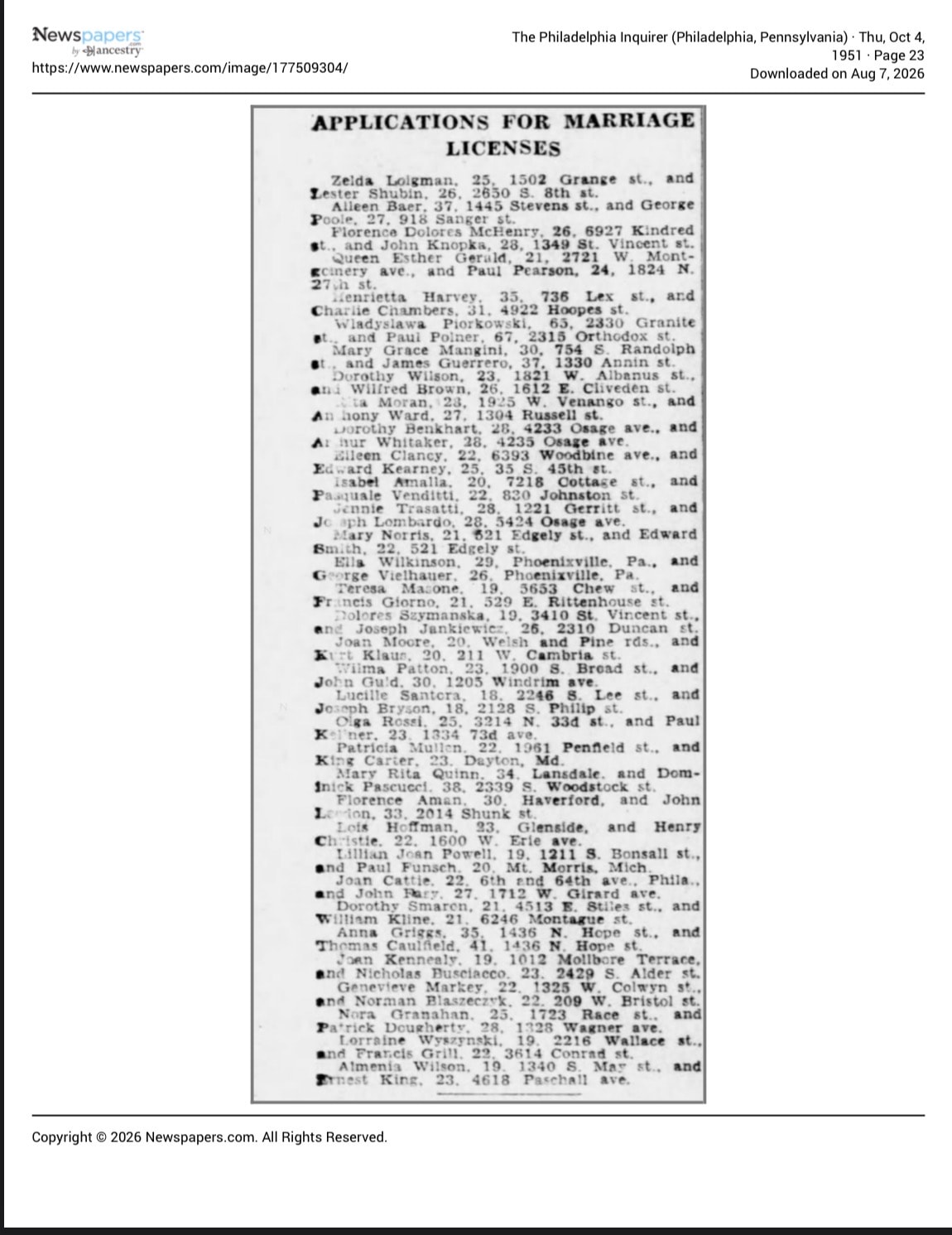 Philadelphia Inquirer, October 4, 1951 — Applications for Marriage Licenses. Entry reads: Ella Wilkinson, 29, Phoenixville, Pa., and George Vielhauer, 26, Phoenixville, Pa.