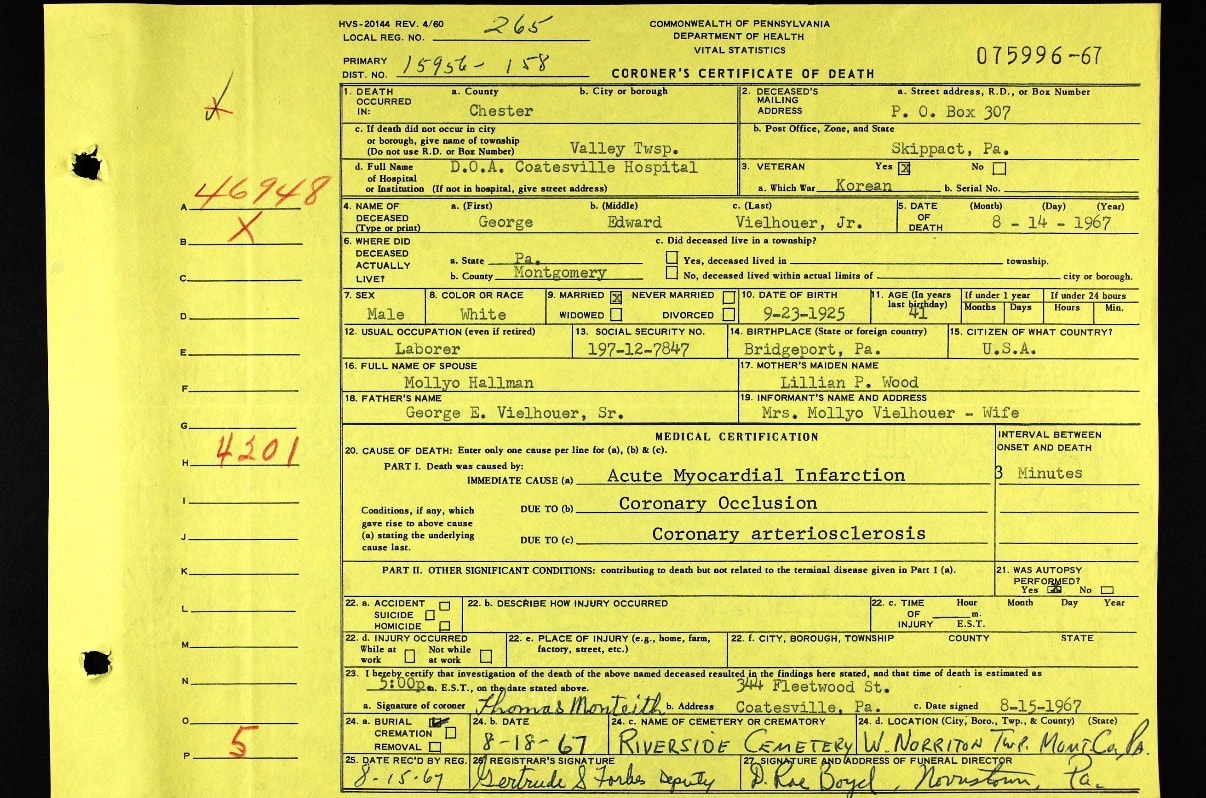 Coroner's Certificate of Death for George Edward Vielhauer Jr., August 14, 1967