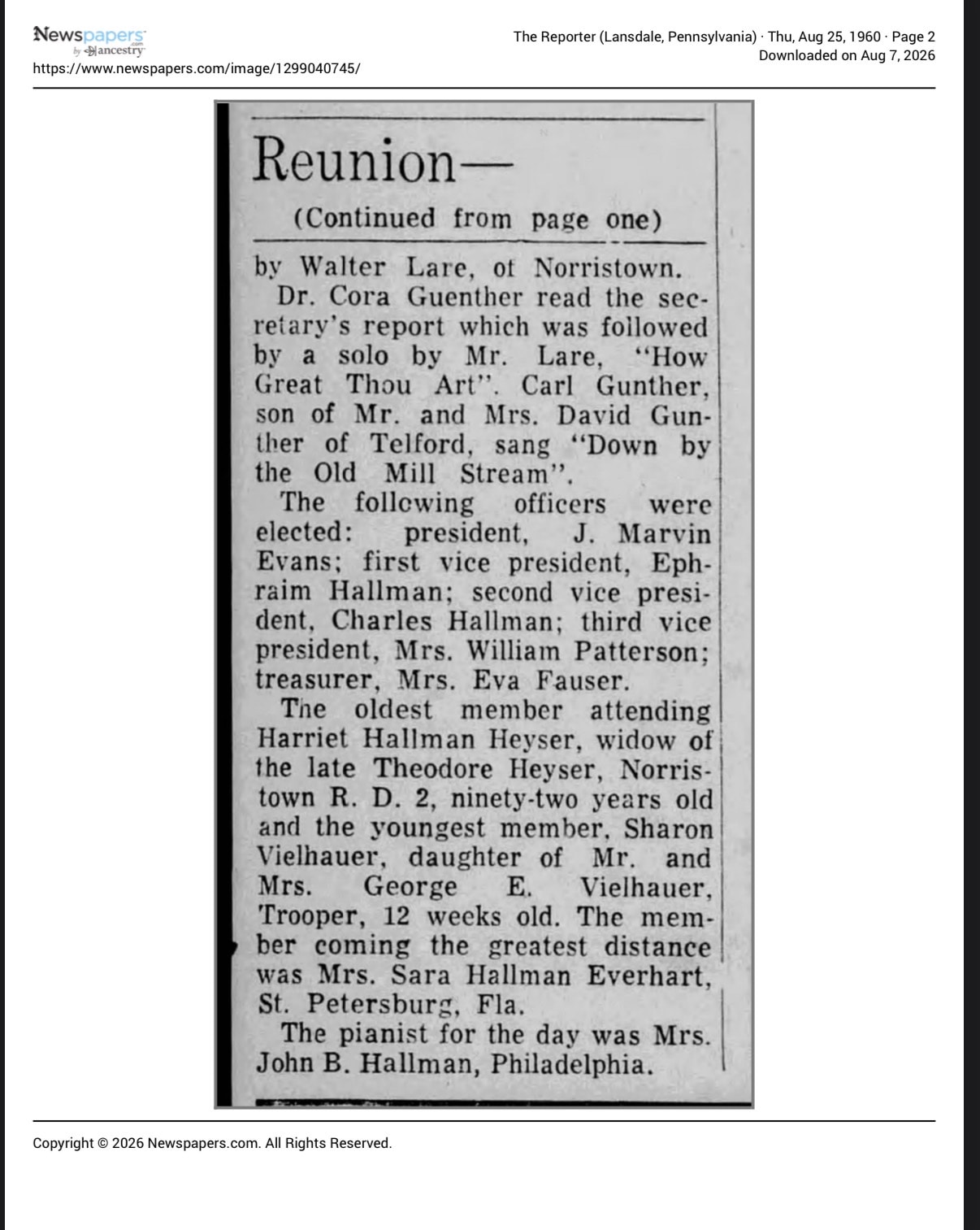 Newspaper continuation: Hallman Family Reunion, page two. Names Sharon Vielhauer, daughter of Mr. and Mrs. George E. Vielhauer of Trooper, as the youngest member attending at 12 weeks old.