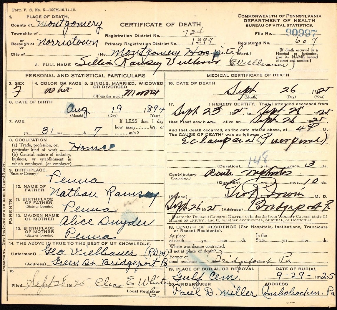 Commonwealth of Pennsylvania Certificate of Death for Lillian Ramsey Vielhauer, September 26, 1925. Cause of death: Eclampsia Puerperalis. Informant: Geo. Vielhauer, Green St., Bridgeport, Pa. Buried Gulf Cemetery, September 29, 1925.