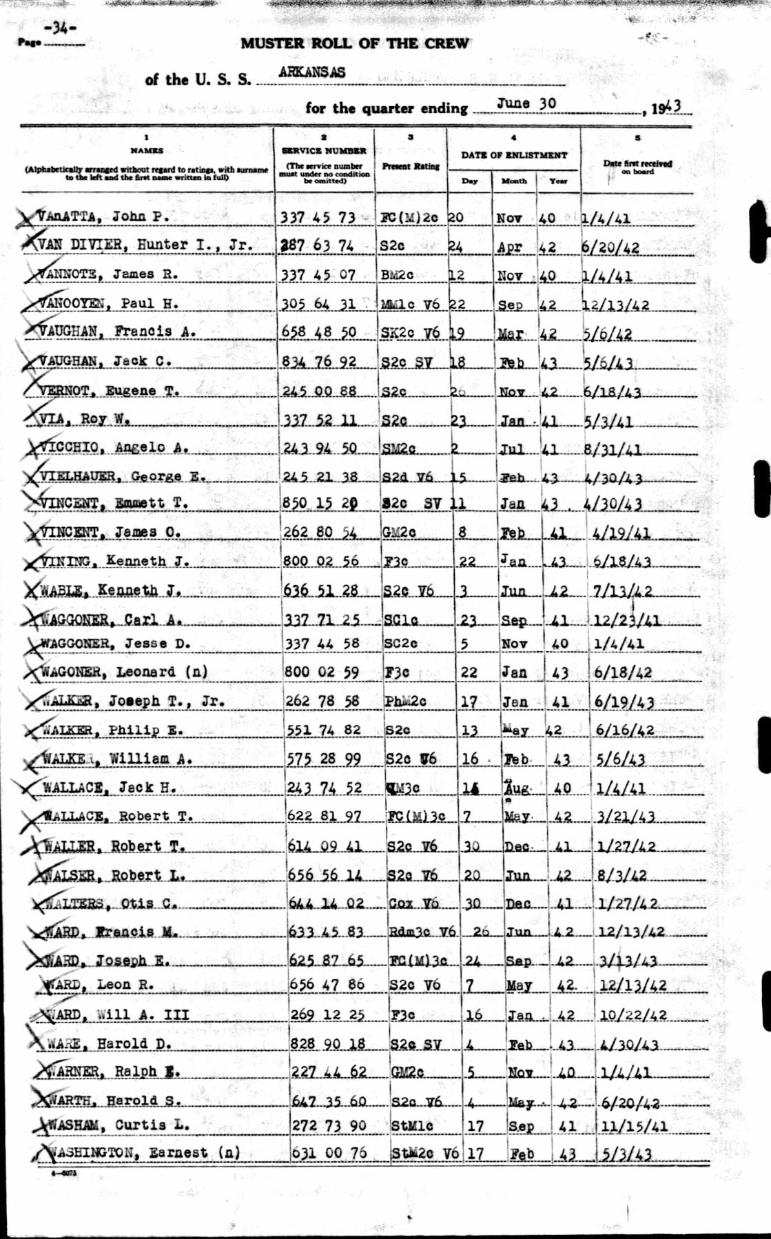 Muster Roll of the Crew, U.S.S. Arkansas, quarter ending June 30, 1943. VIELHAUER, George E., S2d V6, first received on board 30 April 1943.