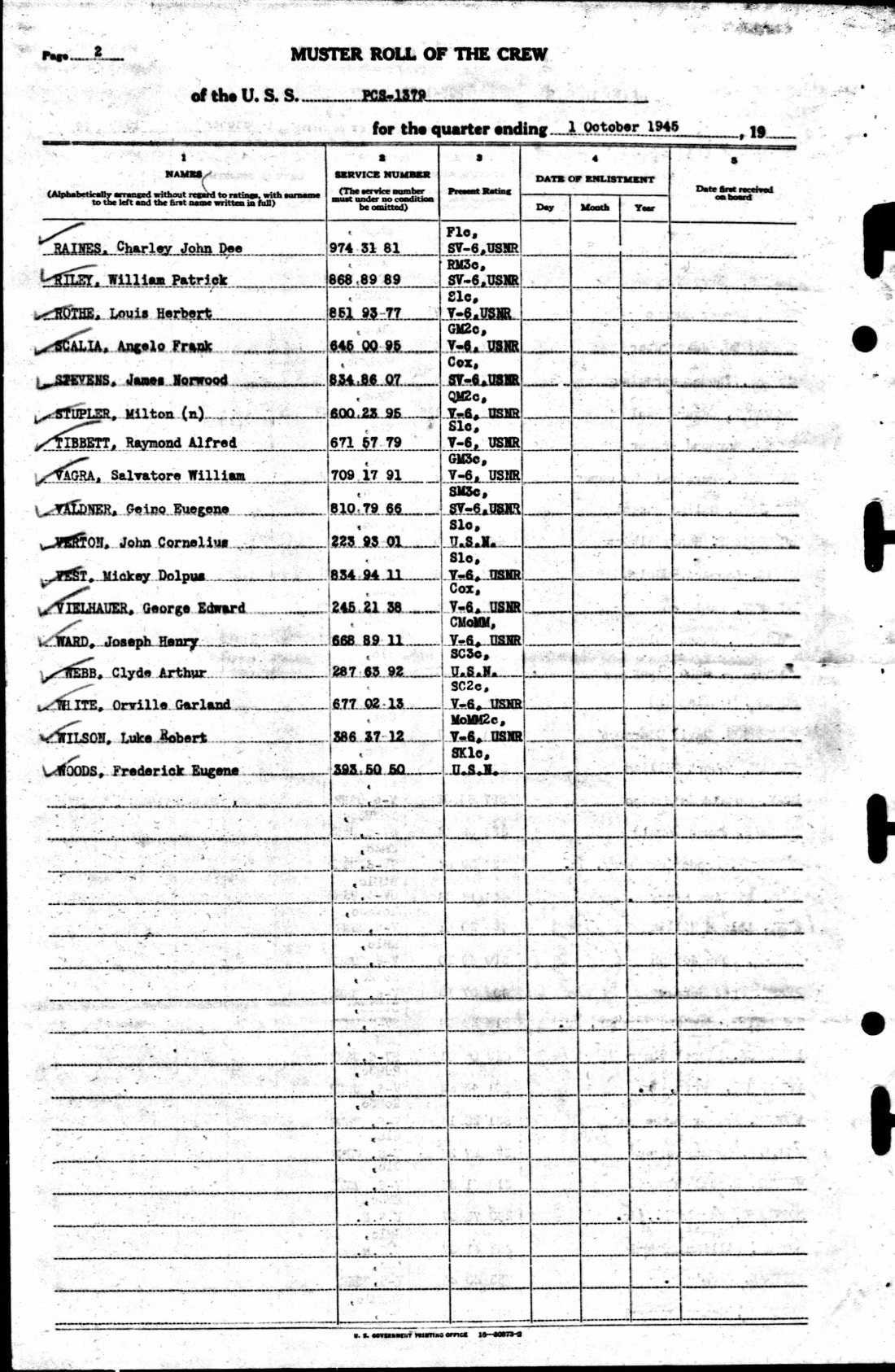 Muster Roll of the Crew, U.S.S. PCE-1379, quarter ending 1 October 1945. VIELHAUER, George Edward, Cox, V-6, USNR.
