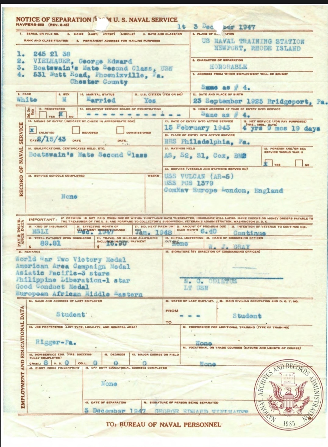 Notice of Separation from U.S. Naval Service — George Edward Vielhauer Jr., December 1947