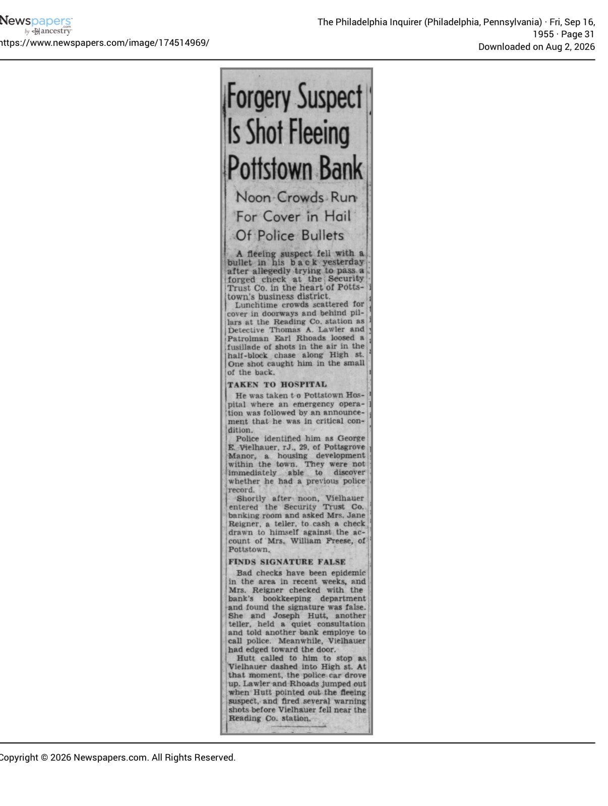 The Philadelphia Inquirer, September 16, 1955 — Forgery Suspect Is Shot Fleeing Pottstown Bank