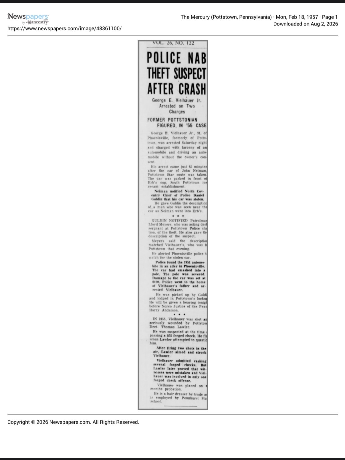 The Mercury, February 18, 1957 — Police Nab Theft Suspect After Crash, George E. Vielhauer Jr. arrested