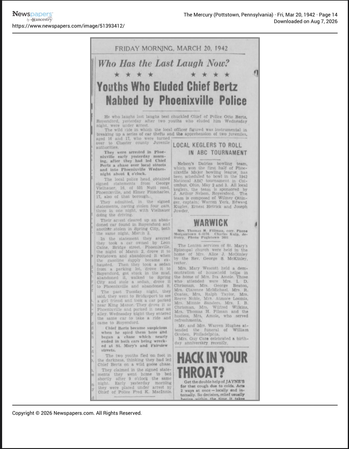 The Mercury, March 20, 1942 — Youths Who Eluded Chief Bertz Nabbed by Phoenixville Police